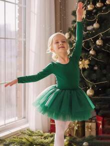 Girls' Solid Color Round Neck Long Sleeve Tulle Ballet Dress, Children Swan Ballet Dance Costume - Green - View 7