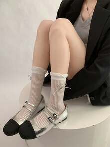 1/5 Pairs White Girls' Summer Mid-Calf Socks, Japanese Cute JK Style, Thin Lace Bow Ballet Design - White - View 4