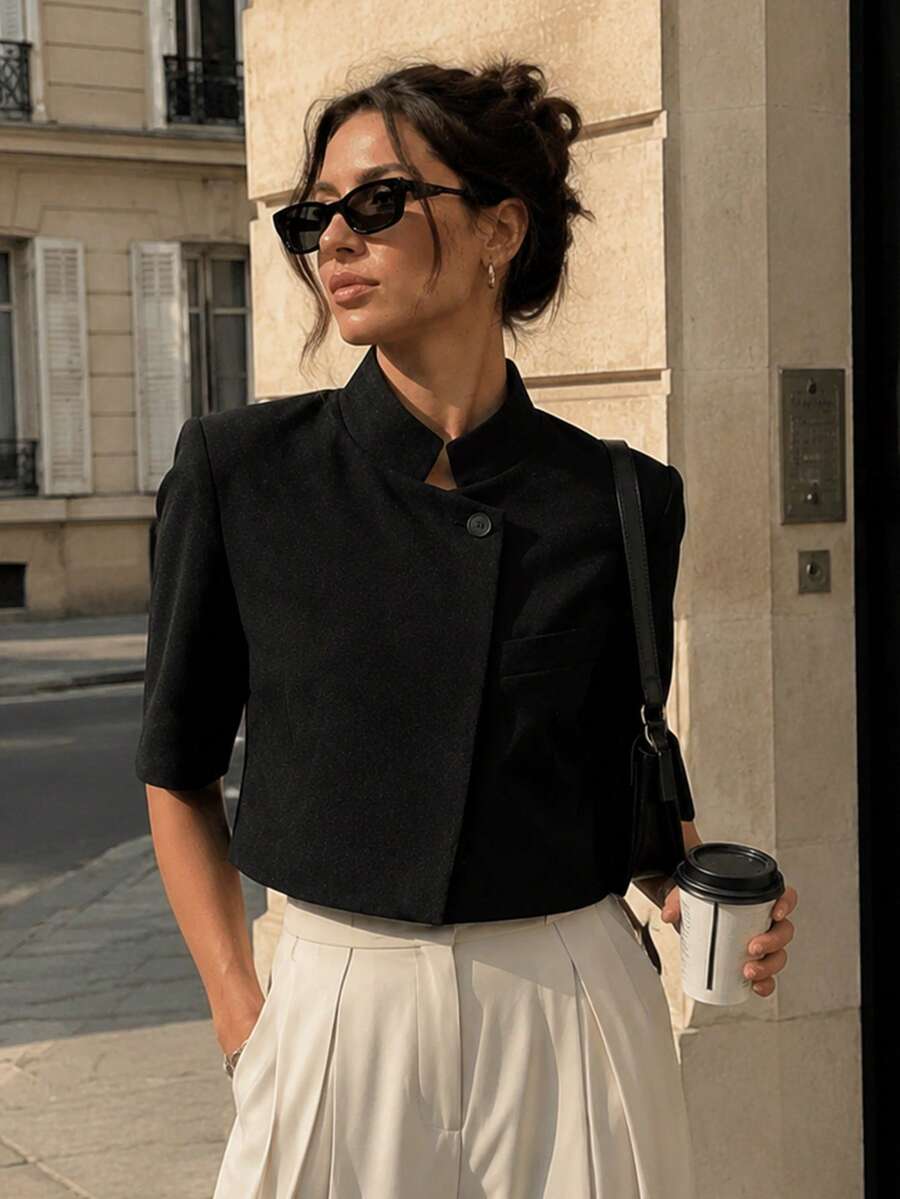 女款辦公室優雅商務休閒套裝黑色鈕扣西裝外套夏季 - 黑色 - 查看 1