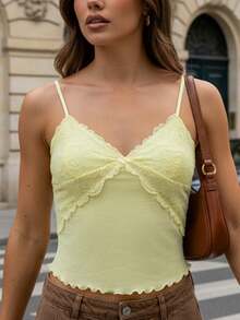 Women Y2K Sheer Lace Mesh Camisole Slim Fit V Neck Open Back Cami Tops Summer Spaghetti Strap Tank Tops Cute Lace Trim Crop Tops Party Club Outfit - 黃色 - 查看 10