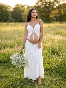 JustVH Women's Maternity Summer Set, Lace Patchwork Tie-Up Camisole Top & Flowy Long Skirt, 2pcs/Set Fall White - White - View 7