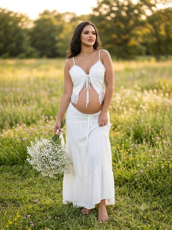 JustVH Women's Maternity Summer Set, Lace Patchwork Tie-Up Camisole Top & Flowy Long Skirt, 2pcs/Set, Suitable For Photography, Beach Wear, Baby Shower White