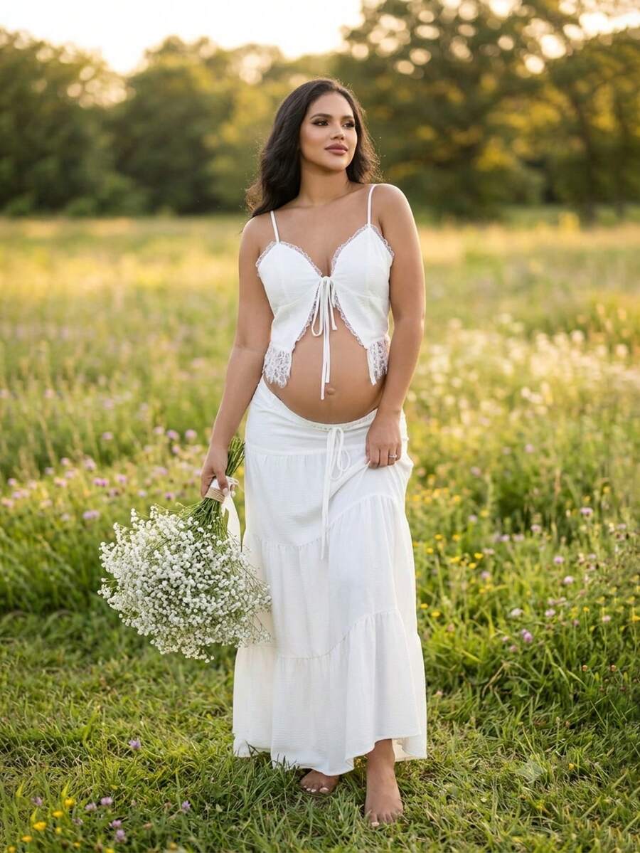 JustVH Women's Maternity Summer Set, Lace Patchwork Tie-Up Camisole Top & Flowy Long Skirt, 2pcs/Set Fall White - White - View 1