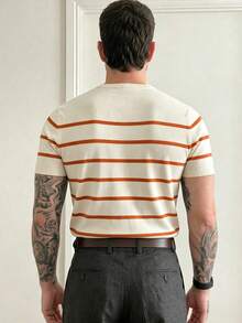 Men's Casual Black & White Striped Knit Short Sleeve T-Shirt - Orange - View 3