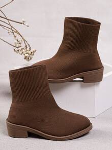 Vintage Brown Knitted Sock Ankle Boots For Girls, Elastic Back Zipper Ankle Boots, Autumn Daily Street Casual Wear - Brown - View 2