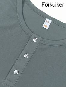 Men's Grey Long Sleeve Henley Shirt, Button Placket, Soft And Breathable Fabric, Slim Fit, Suitable For Daily Wear, Casual Outings And Business Casual - Grey - View 3