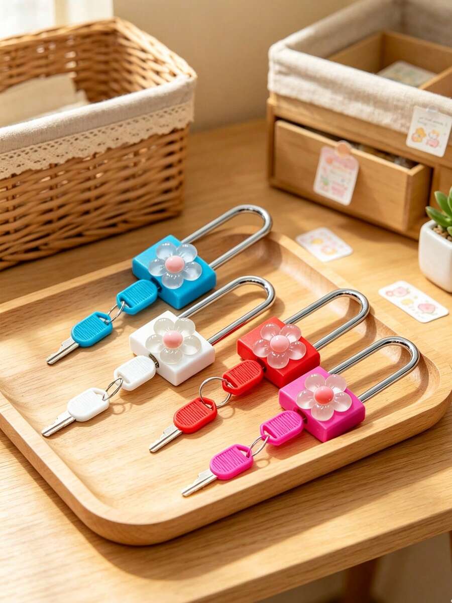 Metal Mini Padlock With Cute Transparent Flower Decoration, 2 Keys, Outdoor Small Combination Lock, No Assembly Required, Small Luggage Lock, Metal Key Lock, Suitable For Suitcase, Pencil Case, Backpack, Travel Accessories, School Locker, Sports Locker, Fence, Waterproof Combination Lock, Toolbox, Perfect For Graduation Season, Back To School, Teacher's Day Gift, Travel Accessory - Multicolor - View 1