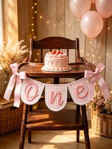 1pc Pink Plaid ONE Banner With Lace Trim And Bow, Baby 1st Birthday Party Wall Decoration Photo Prop - Multicolor - View 7