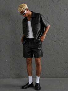 HOMIIE Men's 2 Pieces Set, Black PU Leather Short Sleeve Zipper Short Jacket & Elastic Waist Drawstring Shorts, Flap Pocket Streetwear Back To School Outfit - Black - View 5