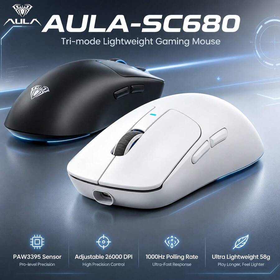 AULA SC680 Tri-Mode Wireless Gaming Mouse, PAW3395 Sensor, 58g Lightweight, 1000Hz Polling Rate, Programmable Buttons, Suitable For PC Laptop Gaming And Office