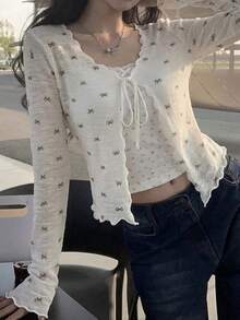 女款長袖前綁帶蝴蝶結針織開襟毛衣（不含內搭上衣）白色秋季 - 白色 - 查看 3