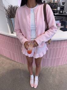 Autumn Back To School Soft Sweater Outfit, Women's Pink Round Neck Button Long Sleeve Cropped Cardigan, Basic Top For Daily Wear, Commuting And Dating - Pink - View 3