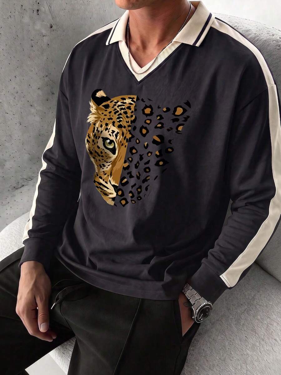 Men's Leopard Head Spotted Print Lapel Long Sleeve T-Shirt, Casual Loose Fit Contrast Sleeve Top - Black - View 1
