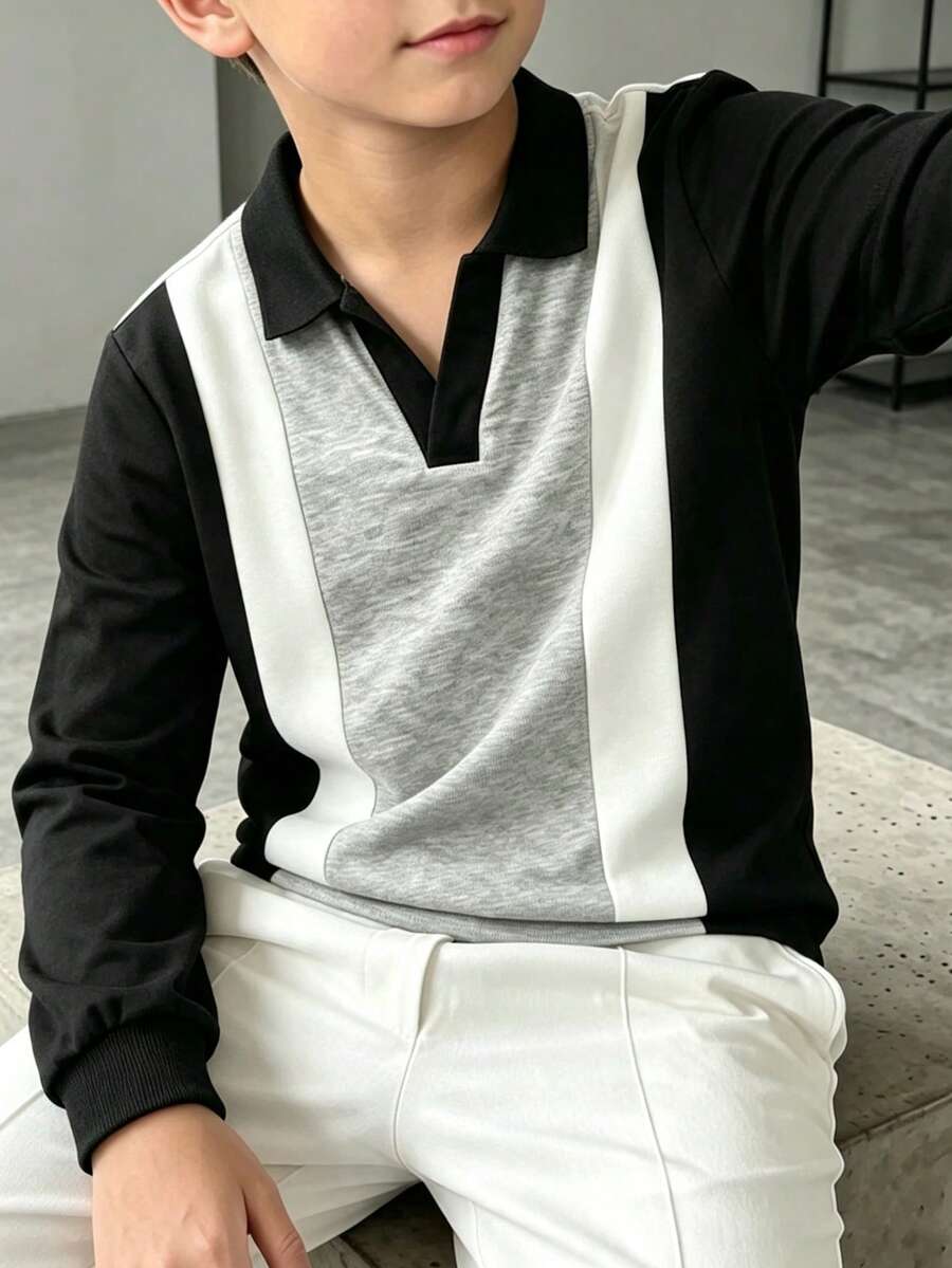 Tween Boys Color Block Polo Collar Sweatshirt, Long Sleeve V Notch Neck Loose Fit Casual Fall Pullover Tops For Everyday Wear - Black - View 1