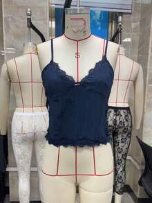 Women Summer Y2k Casual Lace Patchwork V-Neck Tank Top Fashionable Spaghetti Straps Open Back Crop Tops Sleeveless Tie Up Back T-Shirt Streetwear - 藍色 - 查看 5