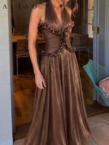 ALIAO Summer Solid Color Halter Neck Bodycon Dress, Elegant Women's Daily Wear, Commute And Date Outfit Wedding - Brown - View 5