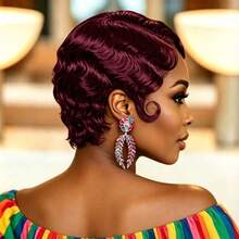 150% Density Finger Wave Human Hair 13x4 Front Lace Wig Natural Black 99J Short Hair Women's Wig - Multicolor - View 10