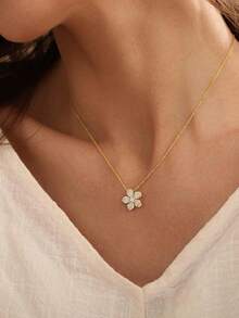 14K Gold Plated Delicate Flower Pendant Necklace, Sparkling CZ Cherry Blossom Necklace, Elegant Minimalist Women's Daily, Date, Party Wear Jewelry - Gold - View 4