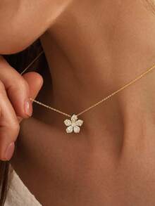 14K Gold Plated Delicate Flower Pendant Necklace, Sparkling CZ Cherry Blossom Necklace, Elegant Minimalist Women's Daily, Date, Party Wear Jewelry - Gold - View 9