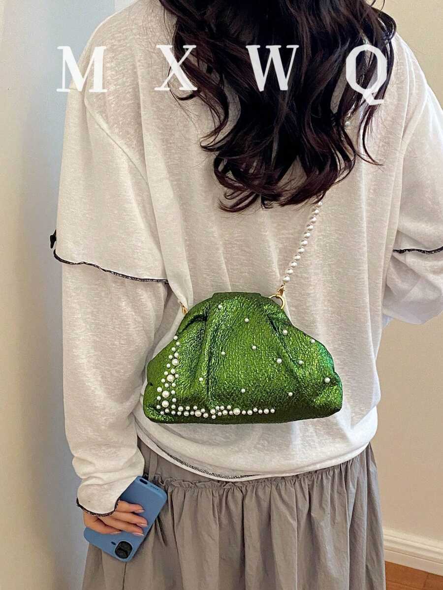 新款復古布料珍珠鏈條扣女款手提包，優雅百搭斜挎包