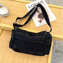 Blue Washed Denim Shoulder Bag For Women, Casual And Versatile, All-Match Travel Bag, Minimalist Metal Decor, Lightweight Crescent Bag For All Seasons - Black - View 11