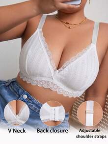 حمالة صدر نسائية مقاس كبير بتصميم دانتيل مرقع وطبعة زهور، بدون سلك، كاجوال مريحة بتصميم ظهر رفيع للرياضة - أبيض - مشاهدة 3