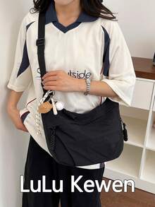 lulu kewen 1件時尚彩色尼龍防水單肩包，極簡休閒學院風設計，寬肩帶，多拉鍊設計，適合學生、女性、購物、旅行、度假、日常使用，可用作書包、街頭風、運動風、旅行或日系女包。中性運動斜挎包，休閒餃子包，多層單肩包，運動風男包，學院風女包，月牙形腋下包，輕量可折疊斜挎包 - 黑色 - 查看 3