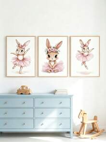 3pcs Canvas Wall Art Set, Frameless Waterproof Poster, Rabbit Ballet Dress Floral Print, Home Decor, Suitable For Kids Room Boys Girls Bedroom, Perfect Gift - Multicolor - View 4