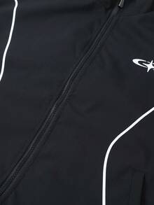 American Retro Sports Jacket With Curved Line Decoration, Stand Collar Zipper Front, Contrast Stitching And Small Logo, Ribbed Cuffs, Long Sleeve Casual Loose Streetwear Jacket For Men - Black - View 6