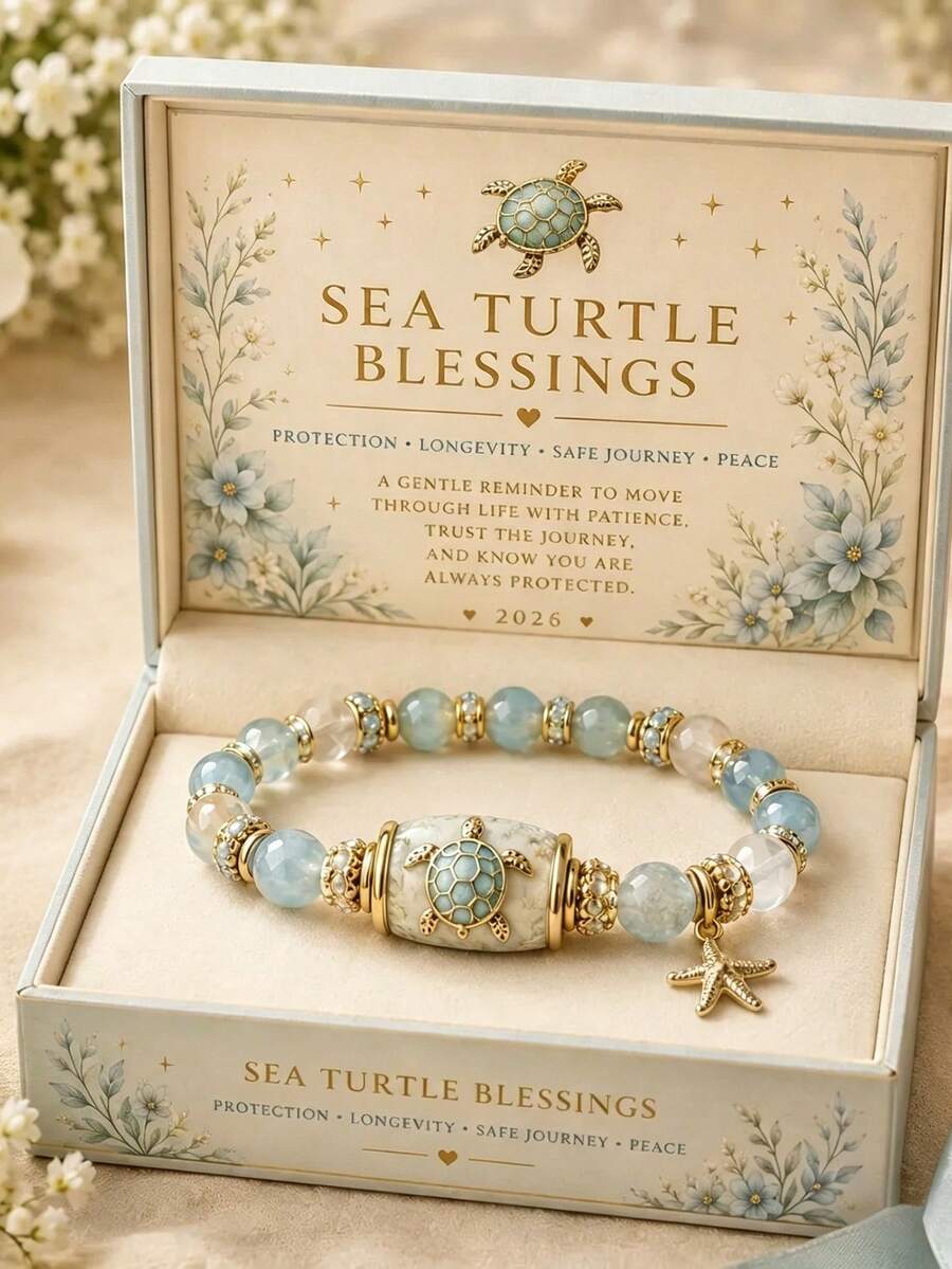 1pc Turtle Blessing Bead Bracelet With Gold Starfish And Blue Stone, Ocean Healing Protection Longevity Gift Jewelry, Suitable For Women Beach Vacation Daily Wear - Blue - View 1