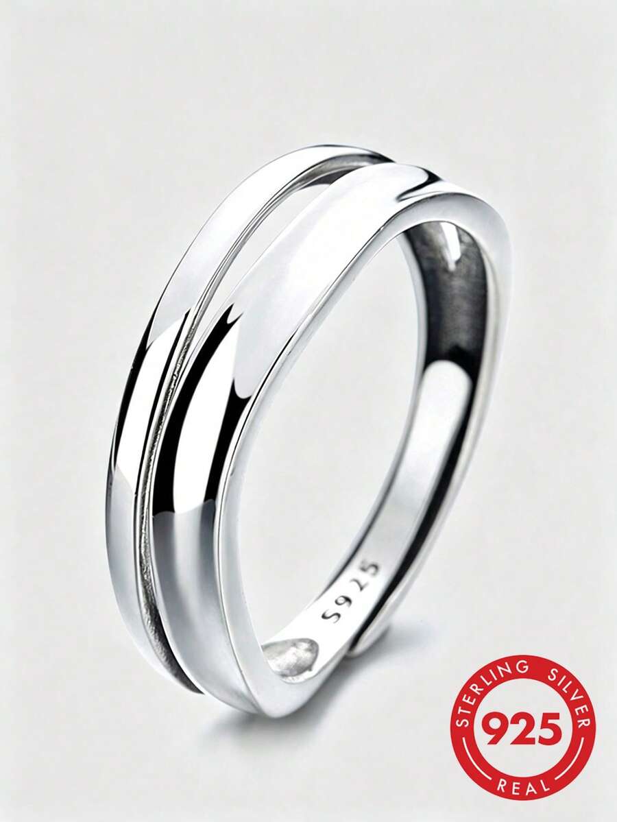 HuooNew 1pc Sterling Silver Smooth Line Adjustable Double-Layer Ring, Gift - Silver - View 1