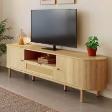 Modern TV Cabinet With Rattan Drawers With Open Compartments, Rounded Table Top, Wood-Effect Metal Legs, Multifunctional Living Room Furniture, 175 X 36 X 51 Cm - Multicolor - View 5