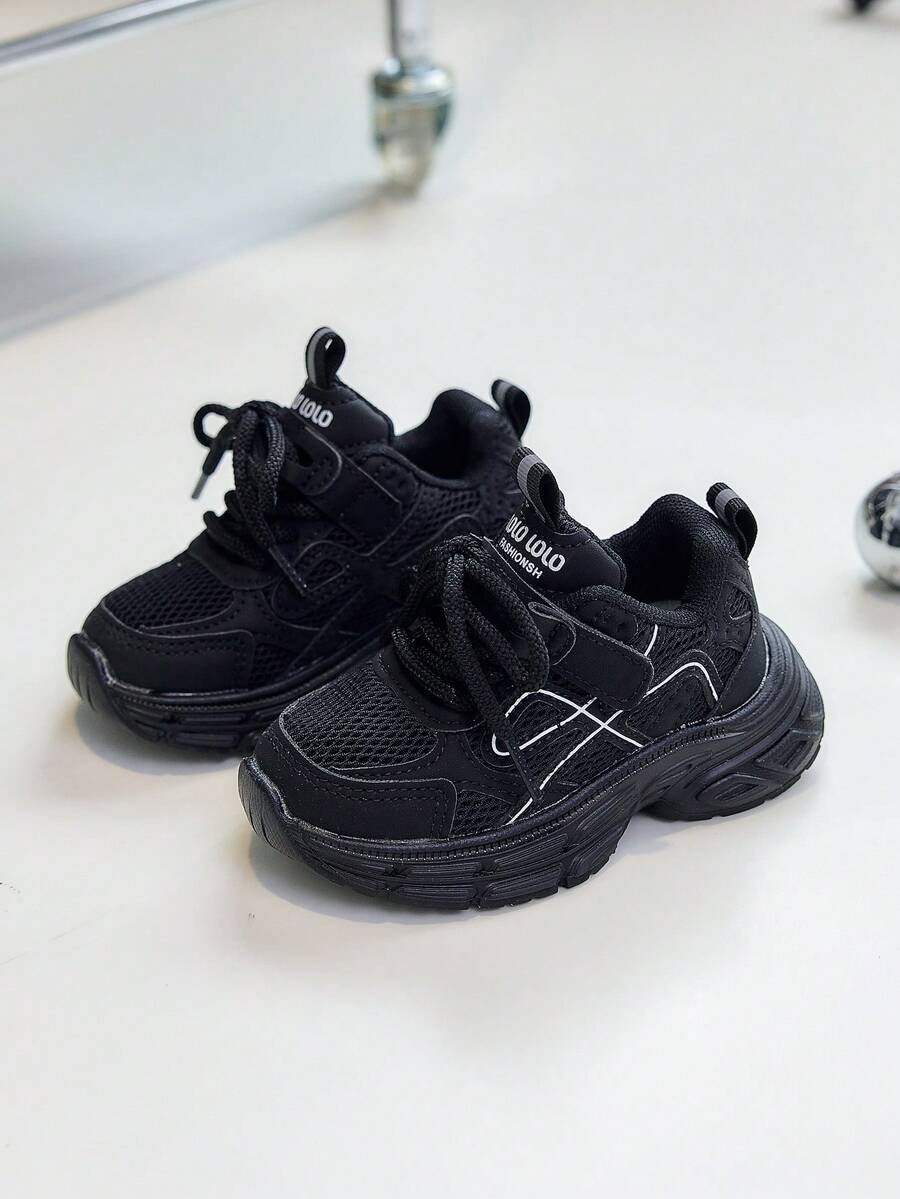 1 Pair Kids Mesh Breathable Chunky Sneakers Black & White Dual Color Hook & Loop Fashion Outdoor Non-Slip Sports Shoes - Black - View 1