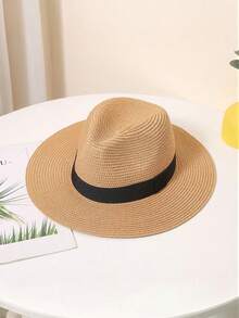 1pc Men's Woven Straw Fedora Hat With Black Ribbon, Breathable Wide Brim UV Protection Sun Hat - Multicolor - View 1