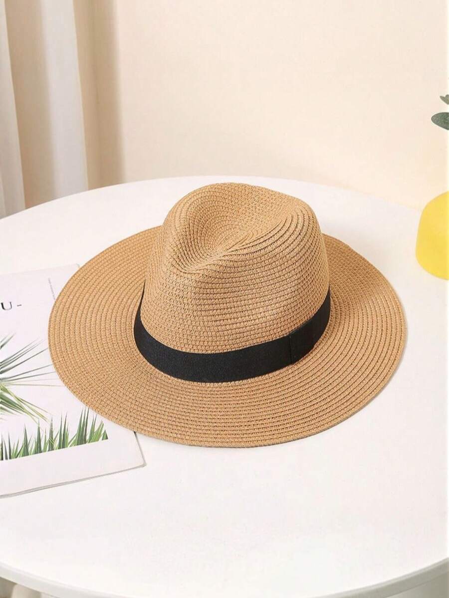 1pc Men's Woven Straw Fedora Hat With Black Ribbon, Breathable Wide Brim UV Protection Sun Hat - Multicolor - View 1