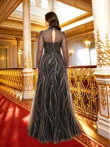 Plus Size Elegant Sequin Embroidered Beaded Full Skirt A-Line Long Formal Dress, High Neck Long Sleeve Waist-Cinching Design, Suitable For Parties And Weddings - Black - View 3