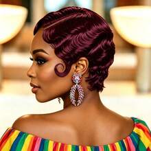 150% Density Finger Wave Human Hair 13x4 Front Lace Wig Natural Black 99J Short Hair Women's Wig - Multicolor - View 6