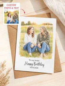 1pc Personalized Watercolor Portrait Birthday Greeting Card With Envelope, Custom Photo Hand‑Drawn Family Best Friend Art Card, Custom Text Date Customized Birthday Wish Card For Friendship Gift. - Multicolor - View 7