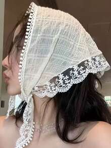 1件女款蕾絲拼接三角圍巾 - 白色 - 查看 5