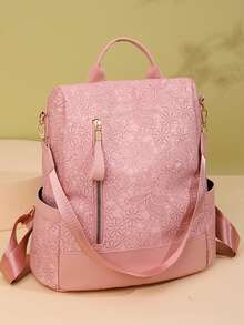 Mochila de viaje diario de moda con gran capacidad y diseño antirrobo en bloques de color - Rosa - Ver 1