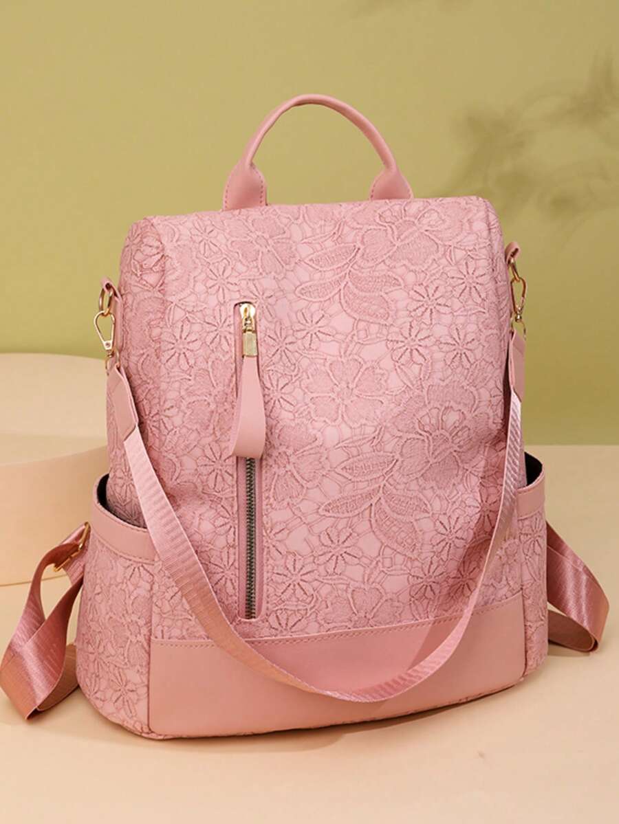 Anti-Theft Colorblock Large Capacity Fashion Daily Travel Backpack - Pink - View 1