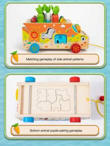 1 Set Baby Wooden Animal Shape Matching Pull Toy Car, Animal Block Puzzle, Storable Pull String Walker, Early Education Educational Toy For Toddlers - Multicolor - View 8