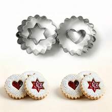 2/4pcs Cute Hollowed-Out Heart, Star & Christmas Tree Stainless Steel Cookie Cutter Molds, 2-In-1 Wavy Edge Linzer Cookie Cutters, Moulds For Jam-Filled Biscuits, Candy, Sandwich, Pastry, Bread DIY Baking Tools, Kitchen Baking Accessories, Christmas - Multicolor - View 4