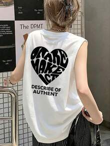 Women's Fashionable Summer Loose Casual Versatile Letter & Heart Print Tank Top White - White - View 2