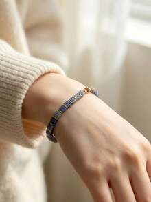 Square Apatite Bracelet | Gold Hematite Accents | Artist's Elegant Creation | Unisex | Father's Day Gift - Lapis Lazuli 2 - View 4