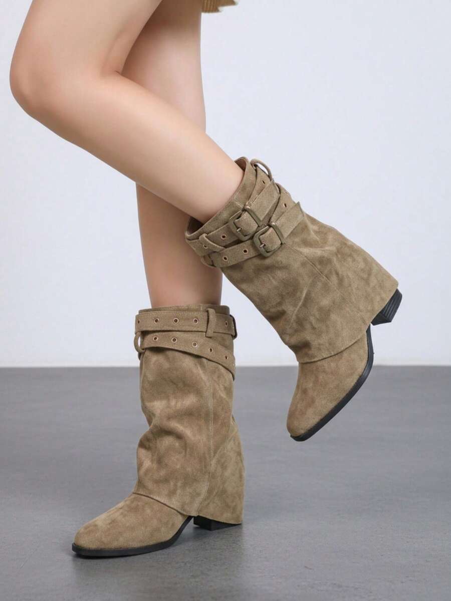 Double Buckle Western Style Mid-Calf Boots, Plus Size Wide Fit Black Square Toe Chunky Heel Slouch Fashion Boots - Khaki - View 1