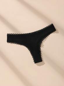 5pcs Black Plus Size Lace Patchwork Bow Sexy Ribbed Cotton Women's Thongs - Black - View 4