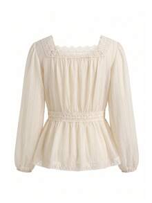 Women's Lace Patchwork V-Neck Fashion Versatile Daily Wear Top - Apricot - View 7