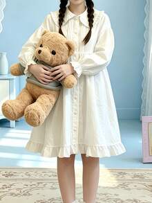 1PC Japanese Lolita Fairy Dress Soft Girl Peter Pan Collar Tie Puff Long Sleeve Ruffle Hem Dress COSPLAY Role Play Costume Accessory White Fall - White - View 3