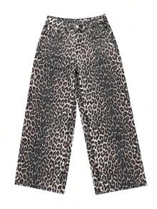 Soulscape Women's Casual Leopard Print Straight Leg Jeans, Non-Stretch Long Denim Pants With Button And Pocket Details, Fashion Petite Collection Vacation Fall - Multicolor - View 6